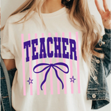 A 3x3 collage showing a woman wearing different colorful graphic T-shirts. Each shirt features a unique teacher-themed design, including quotes like 'HAPPY TO SEE YOUR FACE', 'Teaching is my joy', and 'TEACHER' with a bow, all paired with denim jackets.