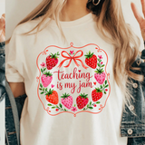 A 3x3 collage showing a woman wearing different colorful graphic T-shirts. Each shirt features a unique teacher-themed design, including quotes like 'HAPPY TO SEE YOUR FACE', 'Teaching is my joy', and 'TEACHER' with a bow, all paired with denim jackets.