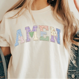 A 3x3 collage showing a woman wearing different colorful graphic T-shirts. Each shirt features a unique teacher-themed design, including quotes like 'HAPPY TO SEE YOUR FACE', 'Teaching is my joy', and 'TEACHER' with a bow, all paired with denim jackets.