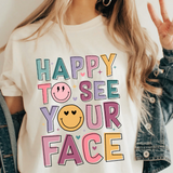 A 3x3 collage showing a woman wearing different colorful graphic T-shirts. Each shirt features a unique teacher-themed design, including quotes like 'HAPPY TO SEE YOUR FACE', 'Teaching is my joy', and 'TEACHER' with a bow, all paired with denim jackets.