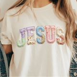 A 3x3 collage showing a woman wearing different colorful graphic T-shirts. Each shirt features a unique teacher-themed design, including quotes like 'HAPPY TO SEE YOUR FACE', 'Teaching is my joy', and 'TEACHER' with a bow, all paired with denim jackets.