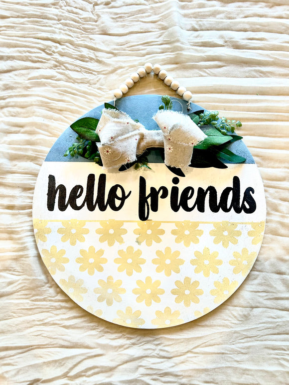 Hello friends daisy greenery 14” door hanger / modern farmhouse door hanger / welcome decor / door decor - Salted Words, LLC