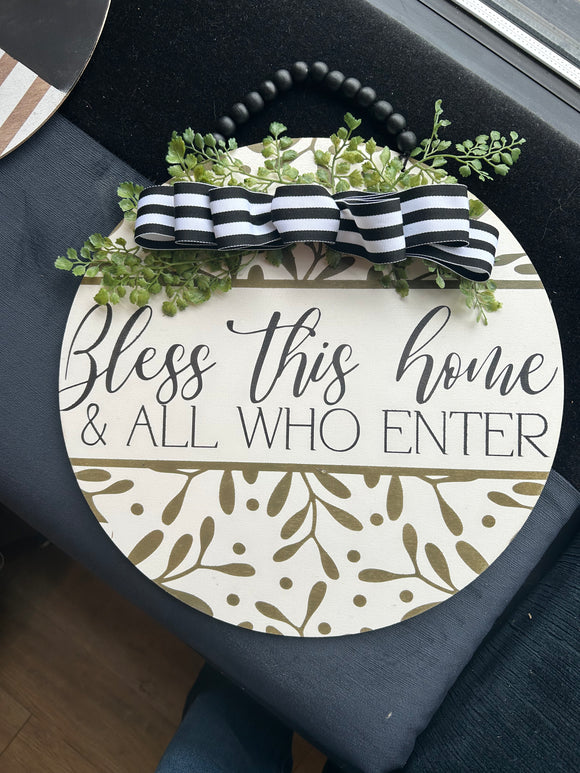 Bless this home and all who enter greenery 14” door hanger / modern farmhouse door hanger / welcome decor / door decor - Salted Words, LLC