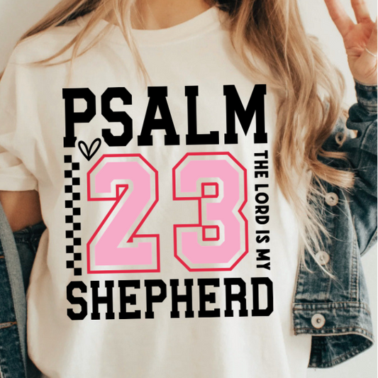A 3x3 collage showing a woman wearing different printed white T-shirts. Each shirt features a colorful inspirational Bible verse or quote design, including references to Chosen, Trust, His Way Is Better, Jesus Made Me A Teacher, Psalm 23 Shepherd, and other verses.