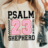 A 3x3 collage showing a woman wearing different printed white T-shirts. Each shirt features a colorful inspirational Bible verse or quote design, including references to Chosen, Trust, His Way Is Better, Jesus Made Me A Teacher, Psalm 23 Shepherd, and other verses.