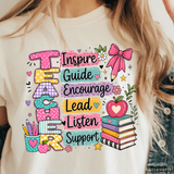 A 3x3 collage showing a woman wearing different printed white T-shirts. Each shirt features a colorful inspirational Bible verse or quote design, including references to Chosen, Trust, His Way Is Better, Jesus Made Me A Teacher, Psalm 23 Shepherd, and other verses.
