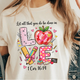 A 3x3 collage showing a woman wearing different printed white T-shirts. Each shirt features a colorful inspirational Bible verse or quote design, including references to Chosen, Trust, His Way Is Better, Jesus Made Me A Teacher, Psalm 23 Shepherd, and other verses.