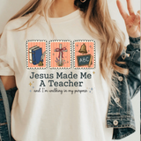 A 3x3 collage showing a woman wearing different printed white T-shirts. Each shirt features a colorful inspirational Bible verse or quote design, including references to Chosen, Trust, His Way Is Better, Jesus Made Me A Teacher, Psalm 23 Shepherd, and other verses.